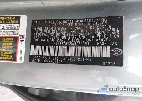 2010 Toyota Camry Le z USA, uszkodzony, nr VIN 4T4BF3EK5AR063254